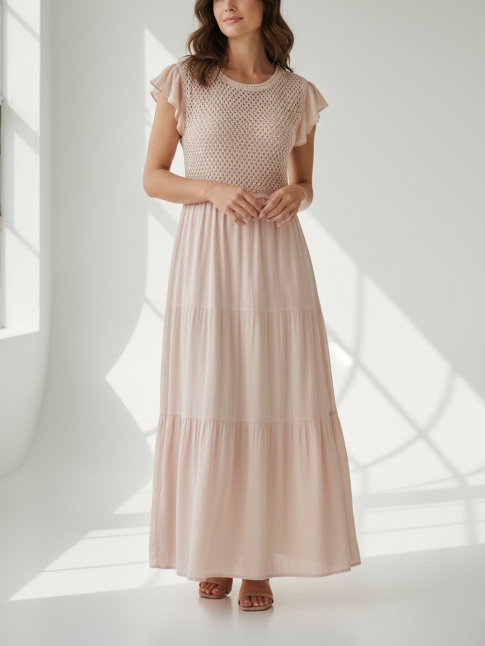 Cream Crochet Tiered Maxi Dress Pockets Boho Cottagecore Tea N Rose L